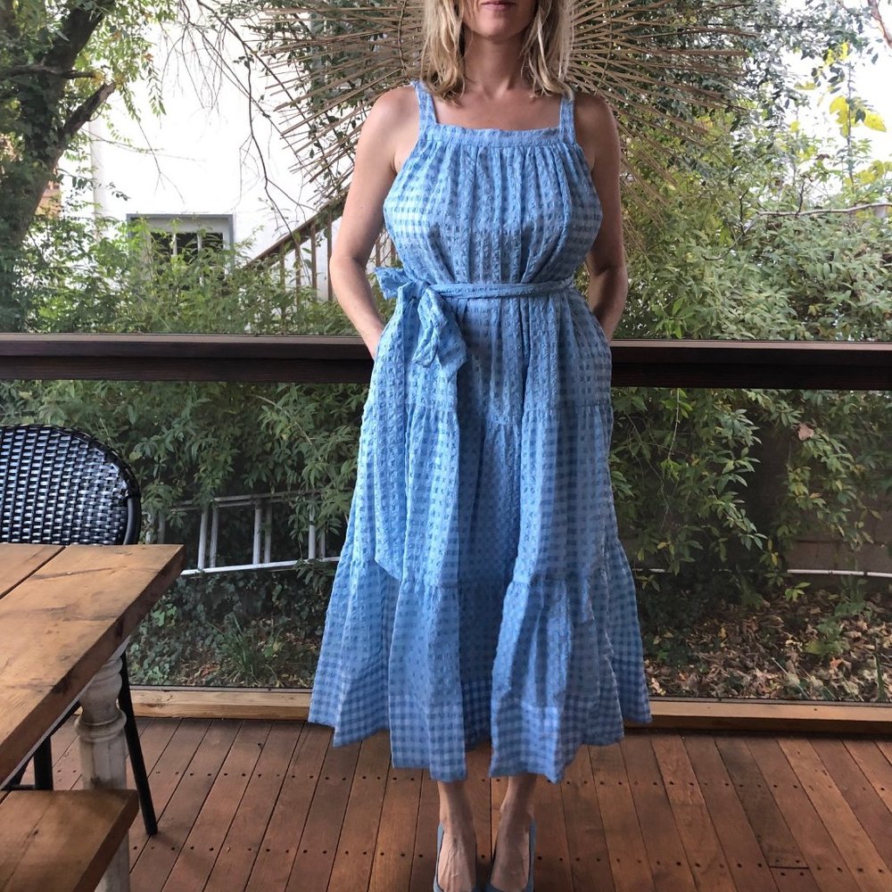 Tanya Taylor Savannah Crinkled Gingham Trapeze Dress Blue Medium